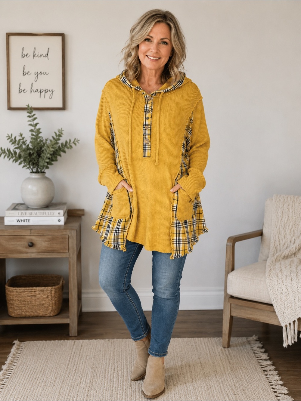 Oli & Hali Mixed Media Waffle Knit Plaid Pullover Hoodie Size L Mustard Yellow